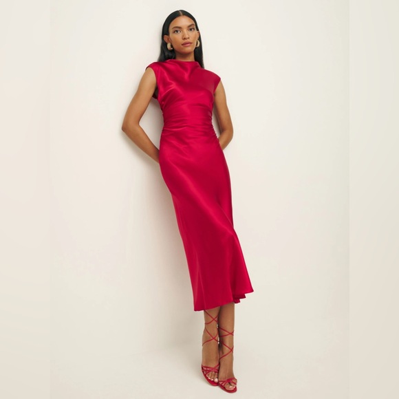 Reformation Veida Silk Midi Dress in Lipstick Red | size 2 - Picture 2 of 14